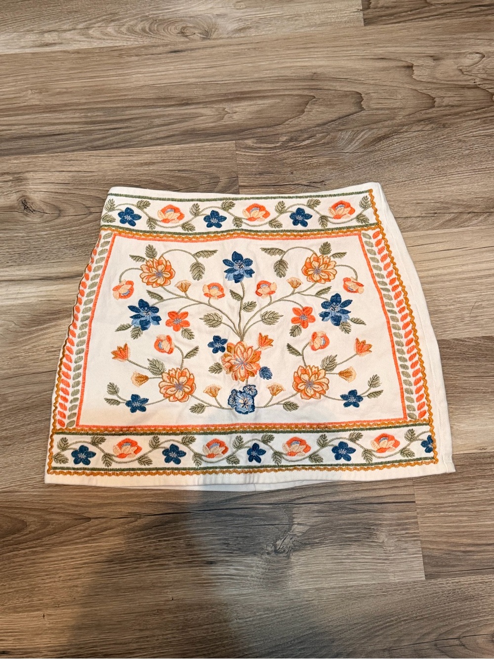 Embroidered Floral Mini Skirt - White with Orange & Blue